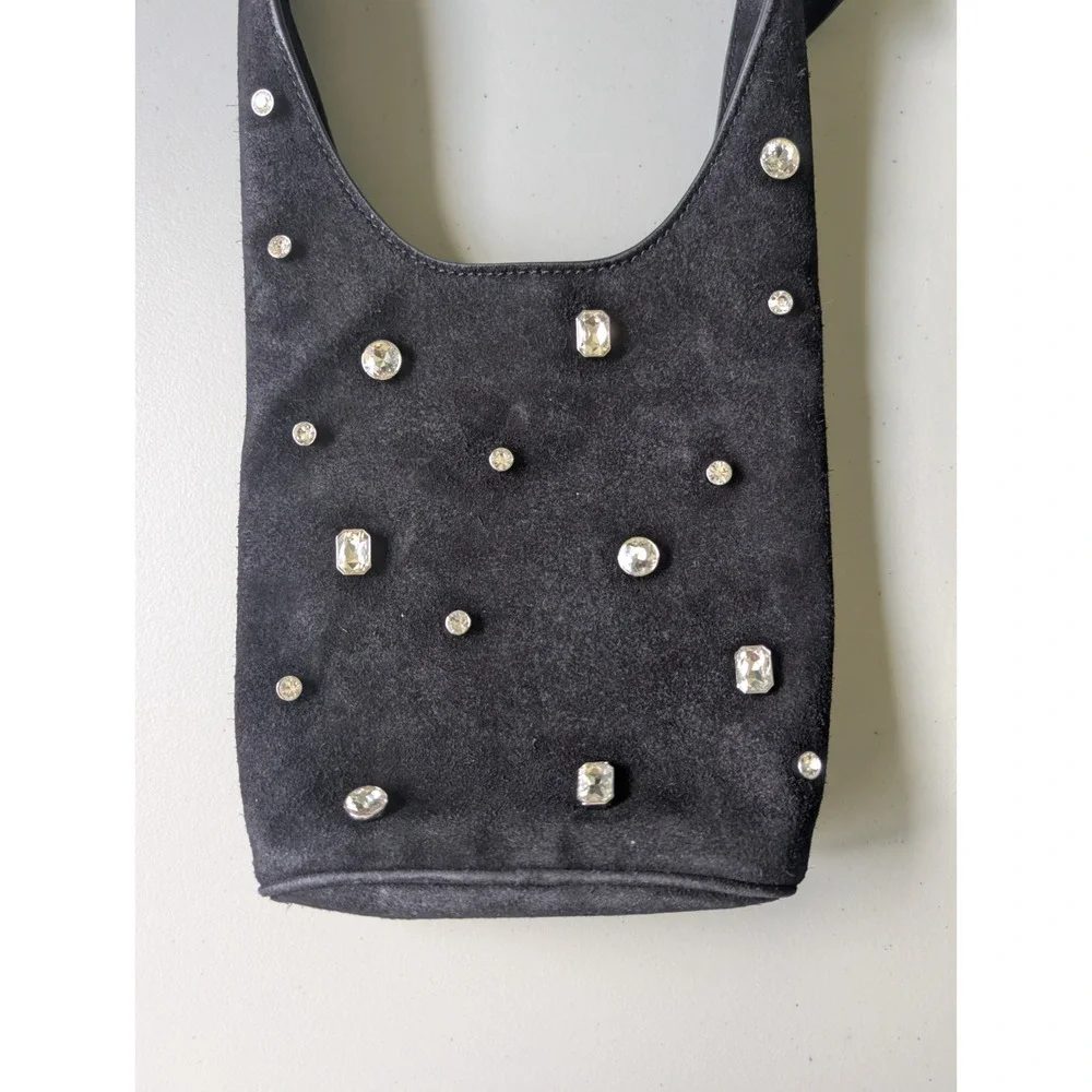 NWT Veronica Beard Small Crystal-Embellished Suede Shoulder Bucket Bag Black